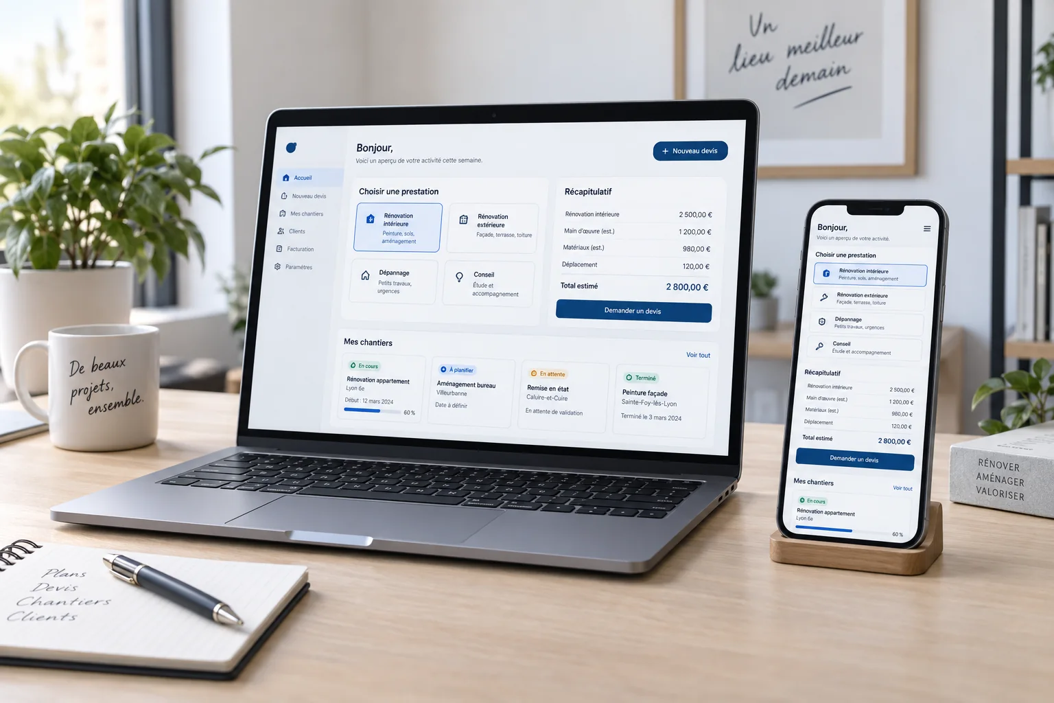 Petite application web professionnelle affichée sur ordinateur et téléphone
