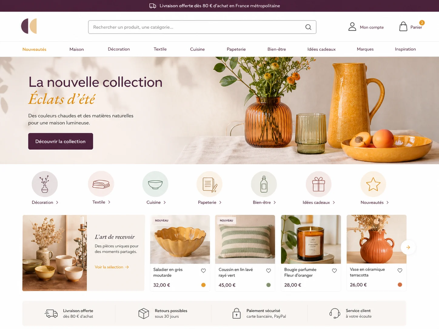 Aperçu aubergine et safran d’une boutique en ligne de décoration