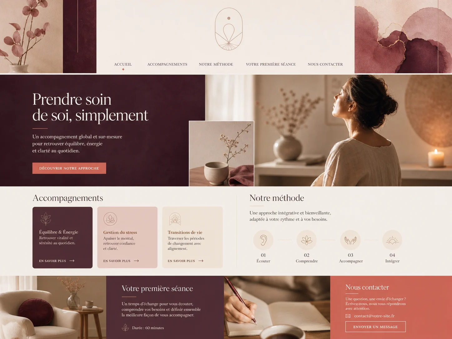 Aperçu prune et rose d’un site vitrine Plus consacré au bien-être